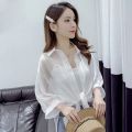 Casual Loose Hollow White Clothes Elegant Solid Color Tied Waist Blouse Women Summer Bat Half Sleeve Button Chiffon Shirt 9776. 