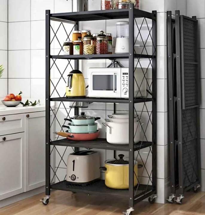 Foldable Rack Shelf Foldable Storage Rack with Wheels – 4 Tier Space Saving Metal Shelf for ...