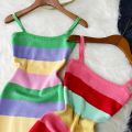 Rainbow Chic Fashion Sexy Wrap Hips Midi Dress Women Y2K Strip Knitted Bodycon Summer Dress Streetwear Ladies Outfits Sundress. 
