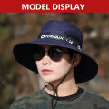 Windproof Men Outdoor Hat Wide Brim Flat Top Men Camping Hat Letter Print Anti-UV Strap Hollow Out Men Fisherman Hat Headwear. 