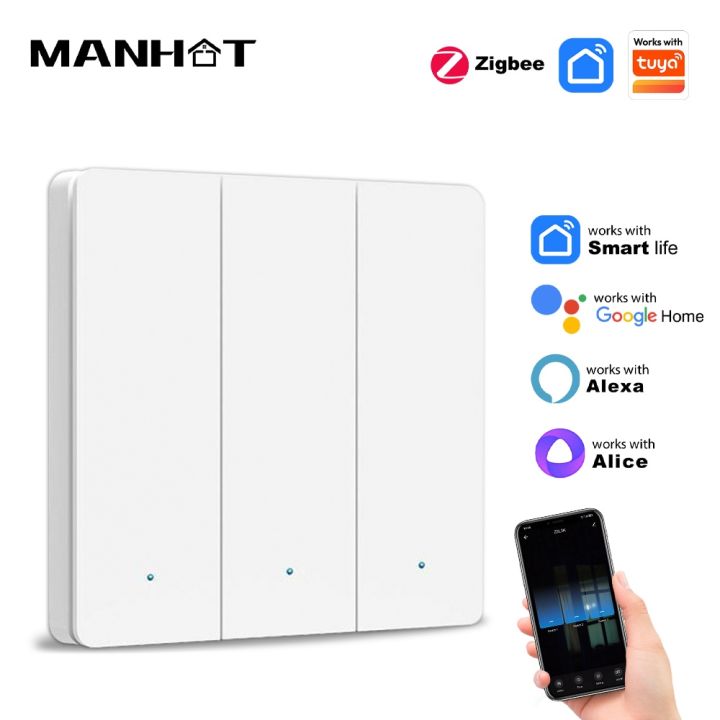 Manhot Smart EU Zigbee Button Switch No Capacitor Wire Required 1/2/3Gang Wall Light Switch Work With Tuya Alexa  Home