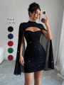 Women's Stand Collar Cape Mini Dress Sequins Sparkling Club Party Night Out Fitted Bodycon Elegant Autumn Winter.