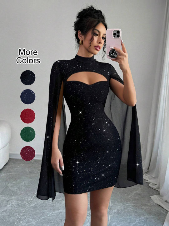 Women's Stand Collar Cape Mini Dress Sequins Sparkling Club Party Night Out Fitted Bodycon Elegant Autumn Winter