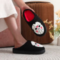 A Pair of Black Halloween Horror Mask Skull Pattern Embroidered Plush Home Thick-Soled Comfortable Slippers, Personalized Warm Non-Slip Indoor Slippers, Autumn and Winter , Suitable for Both Men and Women.