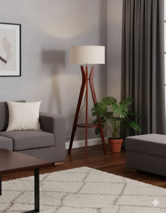 Classic Wooden Floor Lamp with Shelve, Tripod with Cylindrical Fabric ...