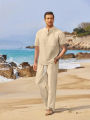 Summer men's cotton and linen set casual Henley shirt short sleeved+loose straight leg pants solid color two-piece set.