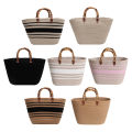 Ladies Woven Tote Bamboo Handle Women Weaving Bag Large Capacity Striped Portable Casual Fashion Exquisite for Seaside Party. 