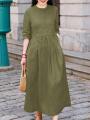 ZANZEA Elegant Commute Midi Dress Half Sleeve Solid Color Autumn Pleated A-line Vestidos O Neck Casual Fashion Women Robe Femme. 