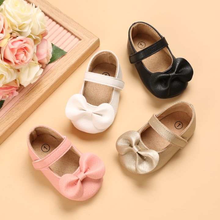 Solid color PU leather girl princess bow flat shoes with anti slip  sole walking 0-18M newborn baby dress shoes