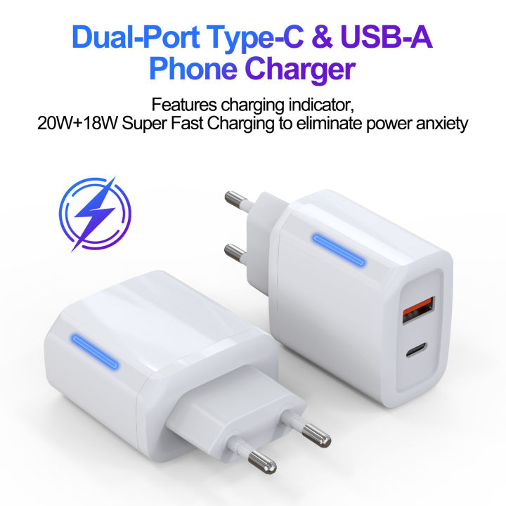 20W Dual Port USB C & USB A Wall Charger , PD QC3.0 Fast Charging Adapter for iPhone, , iPad, , , AirPods