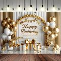 Multi functional Happy Birthday banner, paired with gold and white balloons and a large bow.
