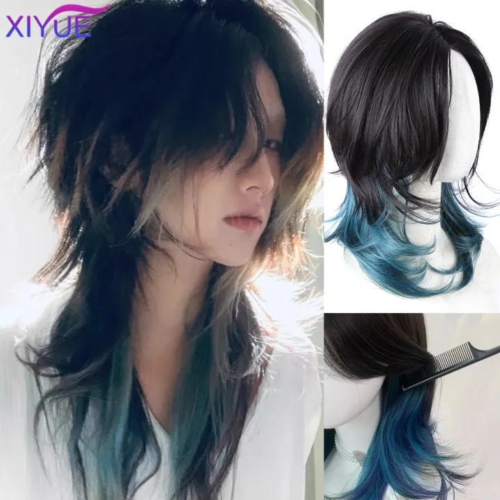 XIYUE%20synthetic%20Black%20And%20green%20Mullet%20Head%20Wig%20Synthetic%20Straight%20Fluffy%20Natural%20Wolf%20Tail%20Hair%20for%20Daily%20Use%20Party%20Cosplay%20-%20Image%202