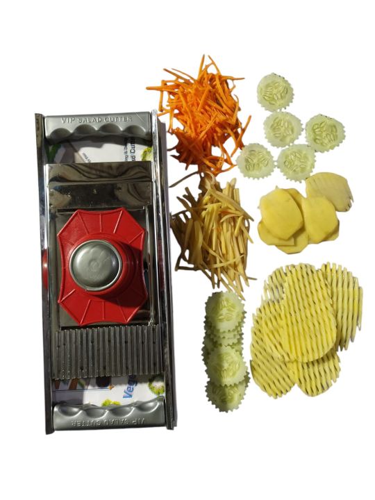 Original Vip International Vegetable Salad Cutter & HandSefty - 1 Pieces 2 ni 1 Blade Potato Chips Banana,Apple wafer, vegetable Cutter ,Garnishing n Chopping - 100% Non Magnetic Japani SS Steel