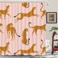 leopard fabric shower curtain, tropical animal cheetah shower curtain for bathroom, pink with hook 180X180CM. 