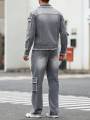 Men's Street Style Casual Distressed Raw-Hem Grey Denim Set, a Minimalist and Fashionable Two-Piece Ensemble.. 