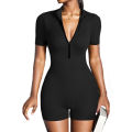 Women's Slimming Textured Short Sleeve Zip Front Athletic Yoga Bodysuit for Fitness Bodybuilding Hip Lifting One Piece. 