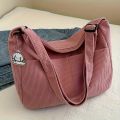 Women’s Corduroy Shoulder Bag, Casual Striped Large Capacity Tote with Zipper Closure, Cute Hat Patch, Perfect for Everyday Use. 