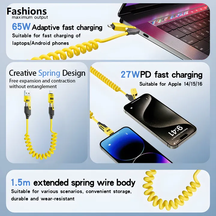 Fashions%2065W%20Quick%20Charger%20Spring%20USB%20Cable%204%20in%201%20Spring%20Data%20Cable%206A%20USB%20Type%20C%20Spring%20Telescopic%20Wire%20for%20iPhone%20iPad%20MacBook%20Huawei-Multicolour%20-%20Image%203