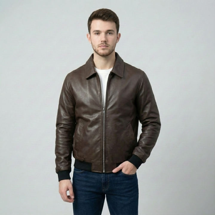 Men’s Faux Leather Bomber Jacket – Full Zip, Brown/Black - Image 5