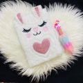 diary with pen for girl's  fluffy new rabbit style diary with multicoloured unicorn pen plush soft cover diary notebook A5 size cute stationary for girls gifts. 