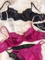 Lace Lingerie Female Satin Comfortable Ultra-Thin Large Breasts Show Small Soft Steel Ring up Support Anti-Sagging Bra Set.