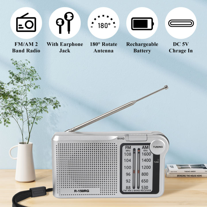 150RG%20Radio%20Portable%20AM/FM%20Radio,%20Small%20Pocket%20Radio%20with%20Speaker,%20Headphone%20Jack,%20USB%20Charging%20Cable%20for%20Indoor%20and%20Outdoor%20-%20Image%203