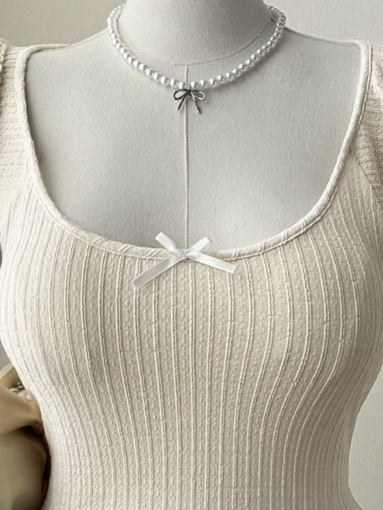 New%20women's%20fashion%20low-neck%20lace-sleeve%20bow-tie%20decoration%20plus-size%20women's%20T-shirt%20-%20Image%205