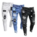 White Embroidery Skinny Ripped Jeans Men Cotton Stretchy Hole Slim Fit Hip Hop Denim Pants Casual Jeans for Men Jogging Trousers. 