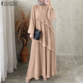 ZANZEA Modest Layered Plisse Patchwork Muslim Maxi Dress, Women's Lantern Sleeve Elegant Abaya, Islamic Hijab Pleated Robe Femme. 