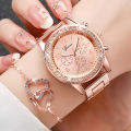 6PCS/Set Women's Watch Fashion Rhinestone Stainless Steel Band Quartz Watch Double Heart Jewelry Set(Without Box).