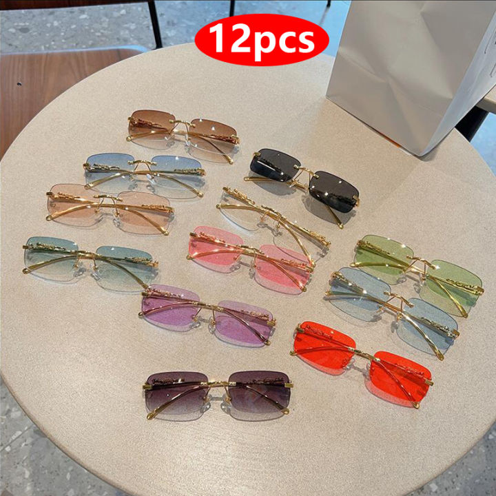 Cycling 12pcs Brand Leopard Rimless Rectangle Sunglasses Fashion Y2K Frameless Sun Glasses Shades for Women Men UV400