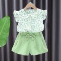 Summer Children's Suit for Girls Cute Flower Print Short Sleeve T-shirt And Shorts 2PC Set Casual Outfit Baby Kids Clothing. 