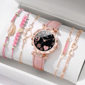 6PCS/Set Fashion Heart Dial Women's Watch Casual Leather Band Analog Quartz Watch Leaf Bracelets Set（Without Box）. 