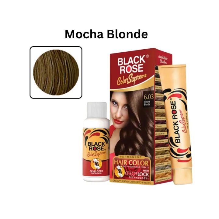 BLACK ROSE PERMANENT HAIR COLOR (6.03 MOCHA BLONDE) DEEP NOURISHING EFFECTS WITH COLOR TECHNOLOGY ONE APPLICATION LASTS UPTO 4 WEEKS
