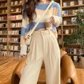 Women's suit wide-leg pants loose sag high waisted straight casual mopping style slim pants. 