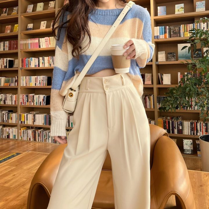 Women's suit wide-leg pants loose sag high waisted straight casual mopping style slim pants