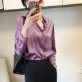 French Elegant Women Satin Glossy Shirt Summer Solid Loose Long Sleeve Blouses Office Lady's All-Match Shirt Vintage Casual Top. 