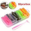 50pcs/box Fishing Lure T Tail Spinner Soft Artificial Bait Paddle Tail Soft Worm Carp Bass Freshwater Fishing Tackle Accessories.