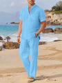 European and American New Men's Casual Suit Solid Color Stand Tie Pocket Polo Shirt+Casual Loose Pants Two-piece Set.