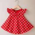 Girls’ Red Polka Dot Party Dress with Bow – Soft Cotton, Flared Design.