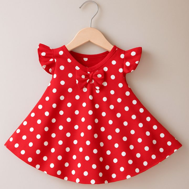 Girls’ Red Polka Dot Party Dress with Bow – Soft Cotton, Flared Design