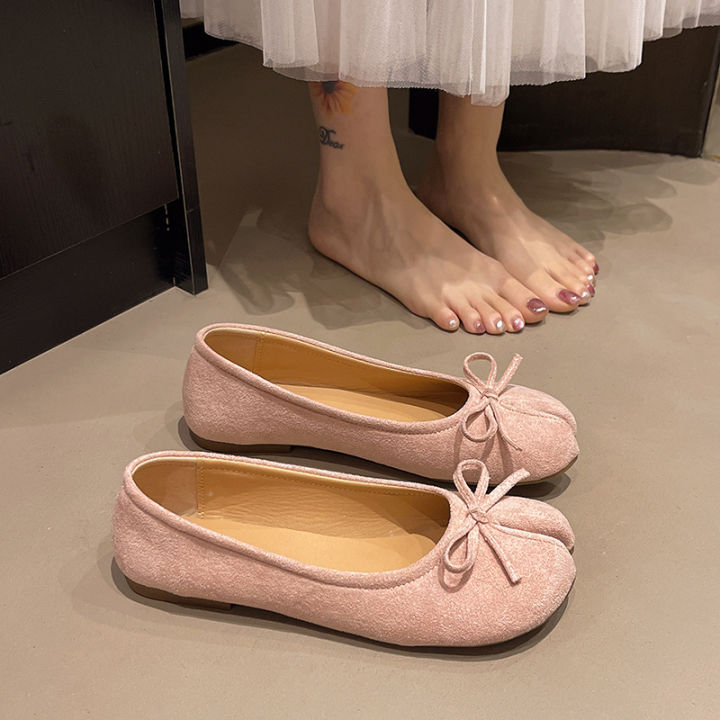 Fashion Suede Split Toe Women Bow Tabi Ballet Flats Spring Autumn Comfortable Walking Lazy Loafers Casual Girls Dance Shoes