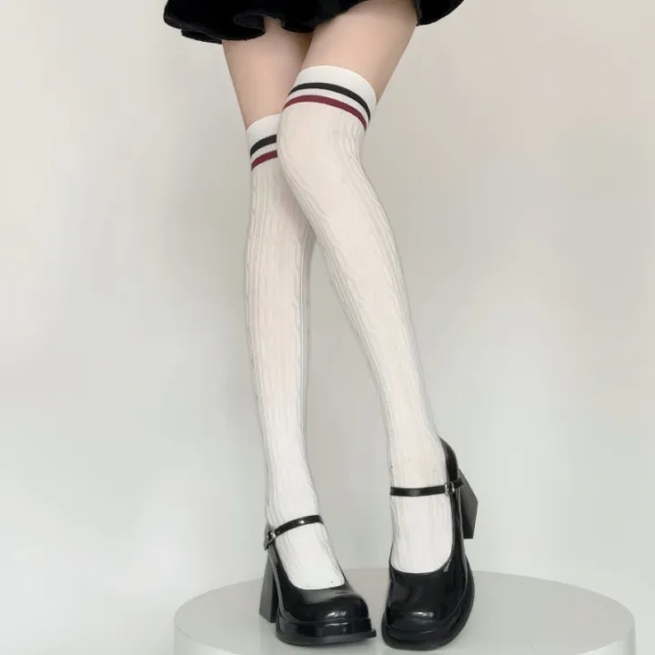 1%203%20Pairs%20Women's%20Cotton%20Thigh%20High%20Socks%20Over%20The%20Knee%20Colorful%20Striped%20Pattern%20Casual%20Daily%20Wear%20Fashion%20Socks%20Black%20White%20-%20Image%204