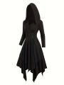 European and American Fashion Plus Size Long Sleeve Gothic Lace-Up Hooded Irregular Dress Pure Black Handkerchief Hem..
