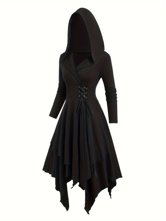European and American Fashion Plus Size Long Sleeve Gothic Lace-Up Hooded Irregular Dress Pure Black Handkerchief Hem.