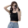 Korean Version Square Neck Bow Tie Slim Fitting Vest With Fashionable Exposed Navel And Sweet Versatile Knitted Sleeveless Vest. 