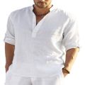 Men's casual loose shirt men's fashion stand collar pure cotton long-sleeved pure color shirt large men's wear. 