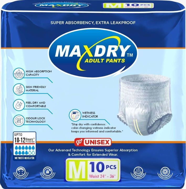 Maxdry Adult Pants Medium Size 10 Pcs (Unisex) Upto 12 Hours Protection