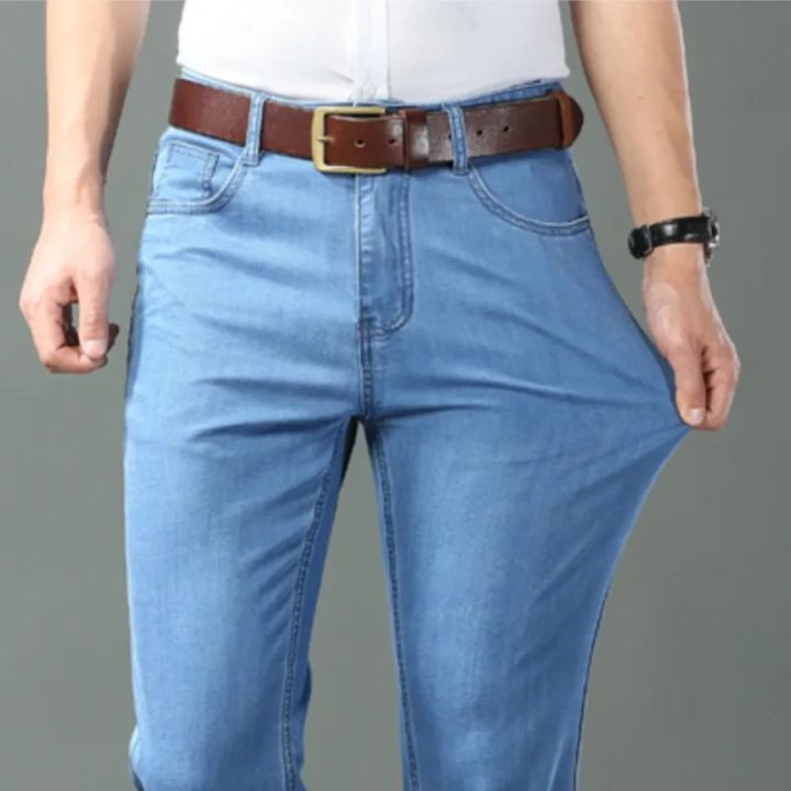 New Ice Silk Thin Denim Jeans for Men Blue Straight Stretch Cotton Denim Pant Business Casual Lightweight Trousers Spring Summer