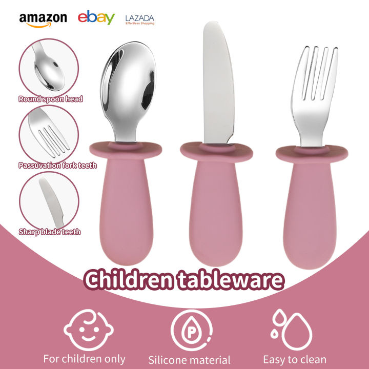 3-Piece Silicone Spoon and Fork Cutlery Set for Baby Food and Feeding Utensils, Children's Stainless Steel Spoon and Fork Cutler